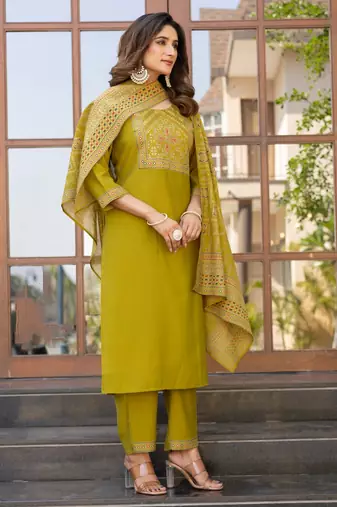 Mustard roman silk printed kurta set with dupatta