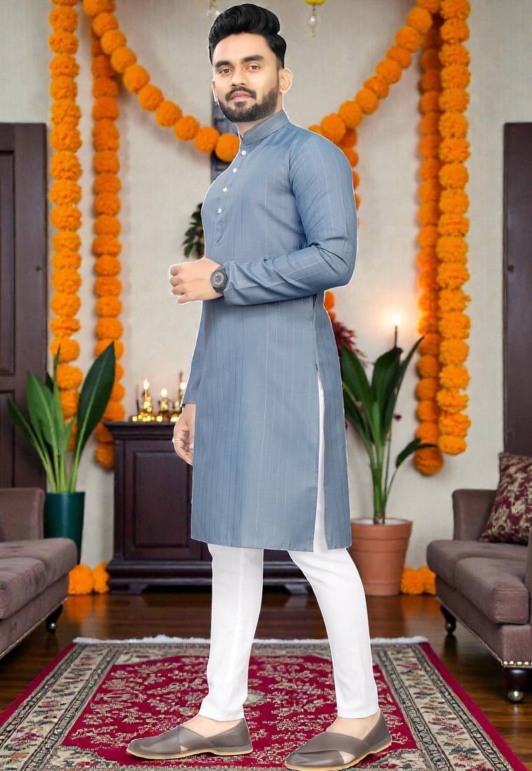  grey plain cotton blend  men's only kurta