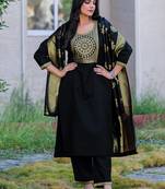 Black cotton blend jacquard kurta set with dupatta for women