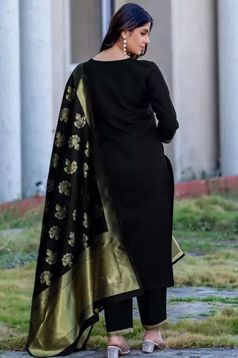 Black cotton blend jacquard kurta set with dupatta for women