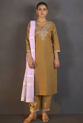 Mustard cotton blend floral embroidered kurta set for women 1