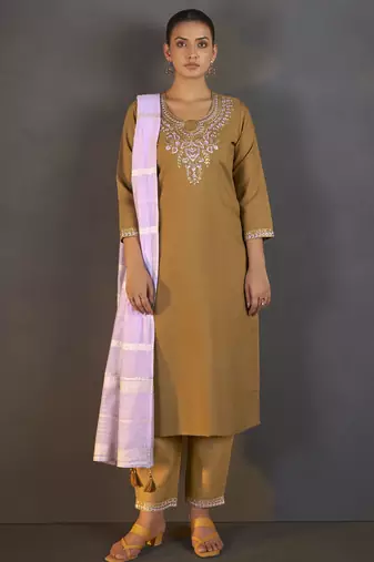 Mustard cotton blend floral embroidered kurta set for women