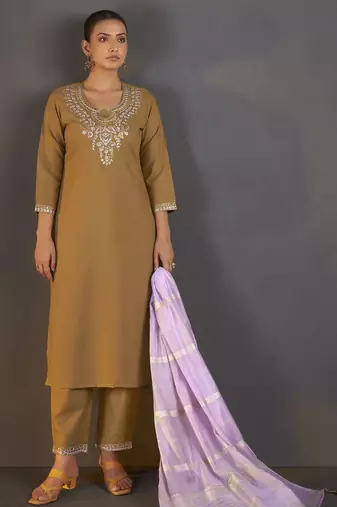Mustard cotton blend floral embroidered kurta set for women
