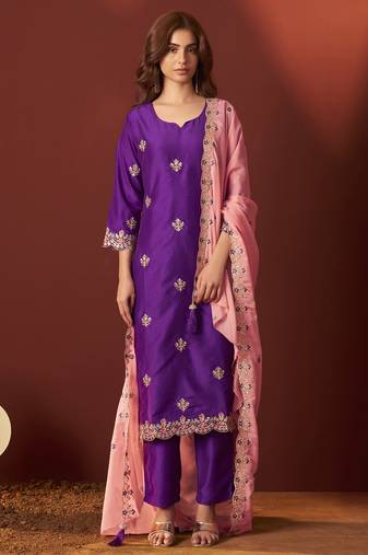 Purple chinnon embroidered kurta set with dupatta for women