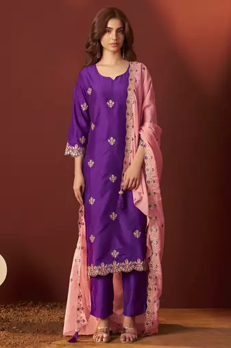 Purple chinnon embroidered kurta set with dupatta for women