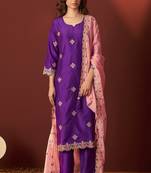 Purple chinnon embroidered kurta set with dupatta for women