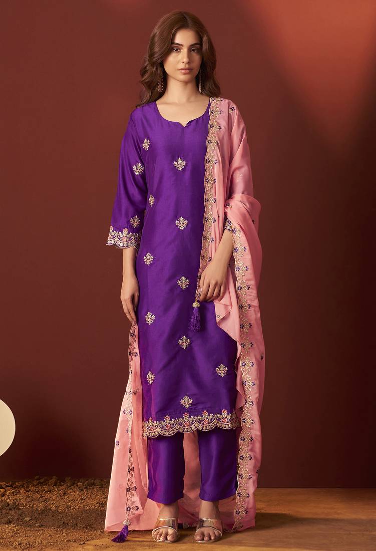 Purple chinnon embroidered kurta set with dupatta for women