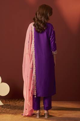 Purple chinnon embroidered kurta set with dupatta for women 2
