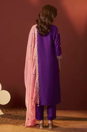 Purple chinnon embroidered kurta set with dupatta for women