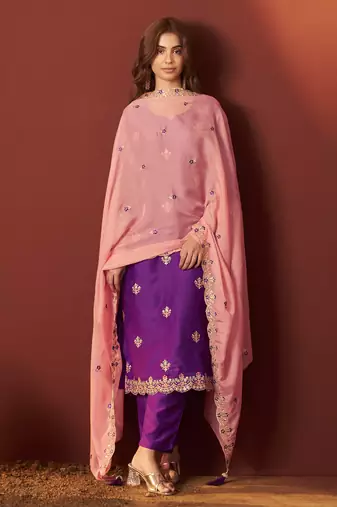 Purple chinnon embroidered kurta set with dupatta for women