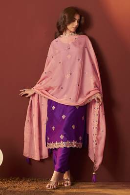 Purple chinnon embroidered kurta set with dupatta for women 4