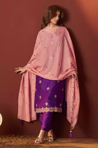 Purple chinnon embroidered kurta set with dupatta for women