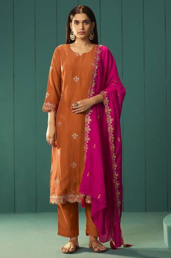 Orange chinnon embroidered kurta set with dupatta for women