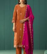 Orange chinnon embroidered kurta set with dupatta for women