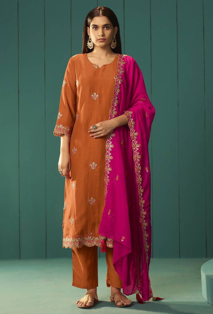 Orange chinnon embroidered kurta set with dupatta for women