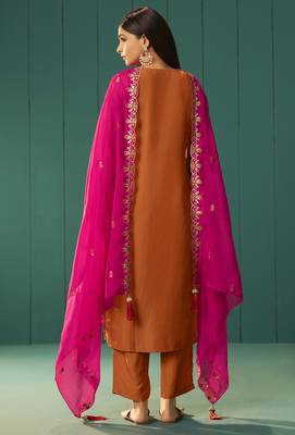Orange chinnon embroidered kurta set with dupatta for women 2