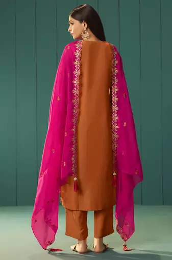 Orange chinnon embroidered kurta set with dupatta for women