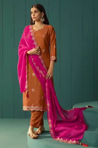 Orange chinnon embroidered kurta set with dupatta for women