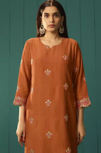 Orange chinnon embroidered kurta set with dupatta for women