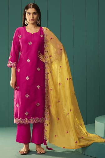 Pink chinnon embroidered kurta set with dupatta for women
