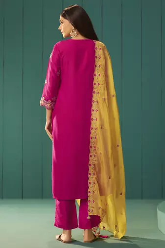Pink chinnon embroidered kurta set with dupatta for women
