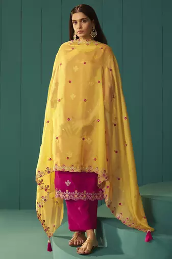 Pink chinnon embroidered kurta set with dupatta for women