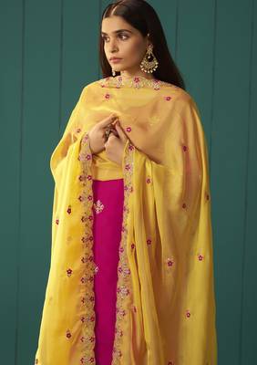 Pink chinnon embroidered kurta set with dupatta for women 4