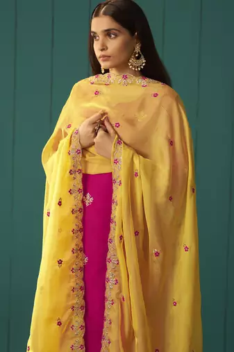Pink chinnon embroidered kurta set with dupatta for women