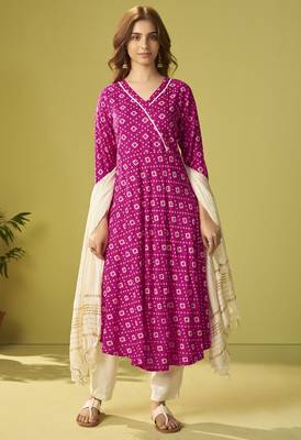 Pink viscose rayon printed anarkali kurta set with dupatta for women 1