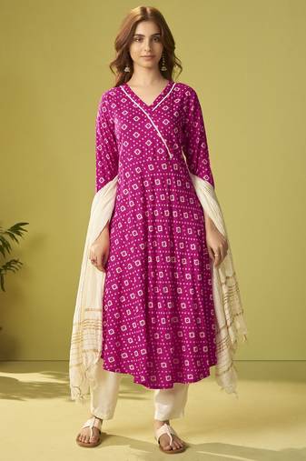 Pink viscose rayon printed anarkali kurta set with dupatta for women