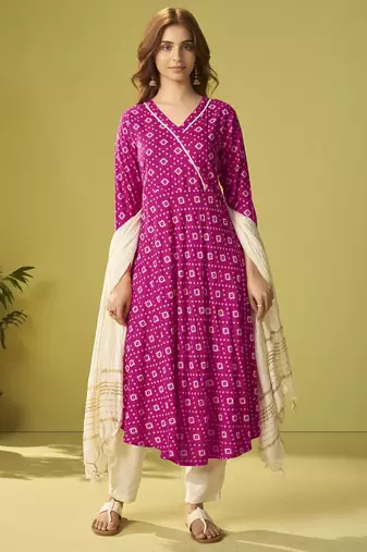 Pink viscose rayon printed anarkali kurta set with dupatta for women