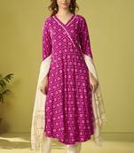 Pink viscose rayon printed anarkali kurta set with dupatta for women