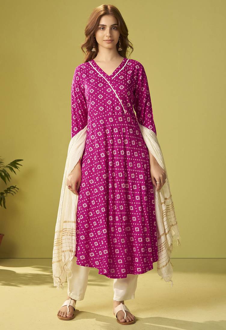 Pink viscose rayon printed anarkali kurta set with dupatta for women