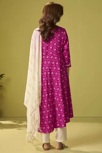 Pink viscose rayon printed anarkali kurta set with dupatta for women