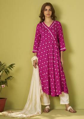 Pink viscose rayon printed anarkali kurta set with dupatta for women 3
