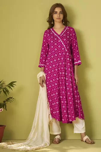 Pink viscose rayon printed anarkali kurta set with dupatta for women