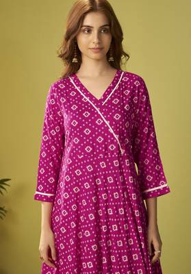 Pink viscose rayon printed anarkali kurta set with dupatta for women 4