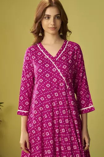 Pink viscose rayon printed anarkali kurta set with dupatta for women