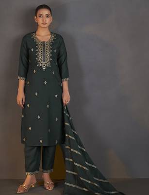 Dark green cotton blend embroidered with sequined work kurta set with dupatta for women 1
