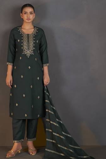 Dark green cotton blend embroidered with sequined work kurta set with dupatta for women