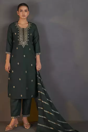 Dark green cotton blend embroidered with sequined work kurta set with dupatta for women