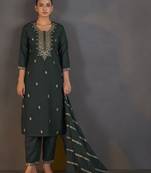 Dark green cotton blend embroidered with sequined work kurta set with dupatta for women