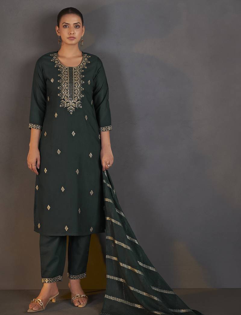 Dark green cotton blend embroidered with sequined work kurta set with dupatta for women