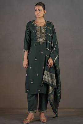 Dark green cotton blend embroidered with sequined work kurta set with dupatta for women 3