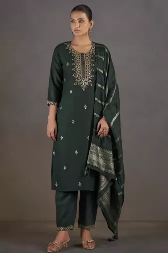 Dark green cotton blend embroidered with sequined work kurta set with dupatta for women