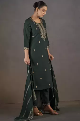 Dark green cotton blend embroidered with sequined work kurta set with dupatta for women