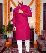  rani pink plain cotton blend  men's only kurta