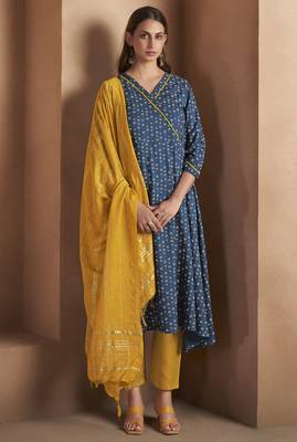 Navy blue viscose rayon printed kurta set for women 1