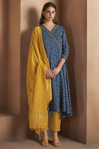 Navy blue viscose rayon printed kurta set for women