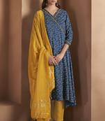 Navy blue viscose rayon printed kurta set for women